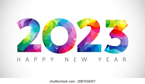 2023 A Happy New Year congrats. Stained glass art logotype concept. White backdrop. Abstract isolated graphic design template. Decorative numbers 2, 0, 3. Coloured digits. Creative colorful decoration