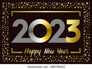 2023 Félicitations pour le Bonne Année. Concept de logotype, cadre doré. Belle arrière-plan neige brillante. Modèle abstrait de création graphique isolée. Chiffres de toile décoratifs. Décoration dorée de Noël créative.