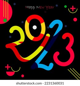 2023 A Happy New Year congrats. Stained colorful art logotype concept. Dark backdrop. Abstract isolated graphic design template. Decorative numbers 2, 0, 3. .Creative colorful decoration.