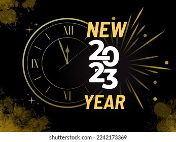 ¡Feliz Año Nuevo 2023! ... Temporizador de cuenta regresiva y fuegos artificiales, diseño de números festivos distintivos, banner, afiche, ilustración