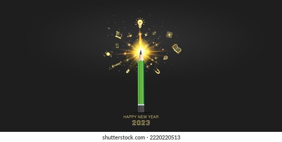 2023 Happy New Year creative concept. Happy New Year 2023 text with Fireworks, sparkles and pencil in sky.