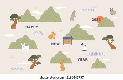 2023 happy new year. Cute rabbits are running around in the pattern of traditional mountains and trees. flat design style vector illustration.