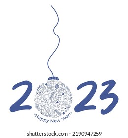 2023. Happy New Year. Date of year and christmas ball from christmas doodle line drawings. Vector illustration