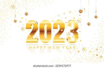 2023 Happy New Year. Design element for greeting and invitation postcard. Golden numbers and confetti. Traditional winter holiday and festival, Merry Christmas. Realistic 3D vector illustration