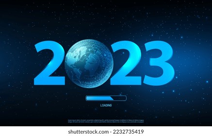 2023 Happy New Year digital global futuristic world technology web banner template. Blue hologram of the numbers 2023 with planet earth. 2023 Happy New Year blue loading bar. Vector illustration EPS10