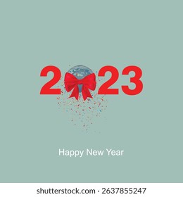 2023 happy New Year earth globe with ribbon and confetti’s, vector illustration
