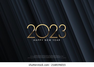 2023 Feliz Año Nuevo diseño elegante - ilustración vectorial de los números del logo dorado 2023 sobre fondo gris oscuro - tipografía perfecta para 2023 ahorra los diseños de lujo de fecha y celebración de año nuevo.