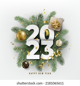 2023 Happy New Year. Festive 3d realistic decoration with big paper calendar numbers and christmas decor. Celebrate winter party card on white background in luxury shiny gold style.