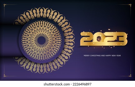 2023 happy new year festive background. Golden pattern on Blue.