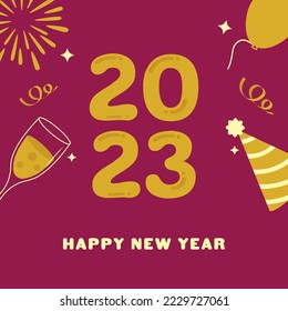 2023 Happy New Year Font With Flat Party Hat, Balloon, Champagne Glass And Fireworks On Pink Background.