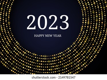 2023 Happy New Year of gold glitter pattern in circle form. Abstract gold glowing halftone dotted background for Christmas holiday greeting card on dark background. Vector illustration