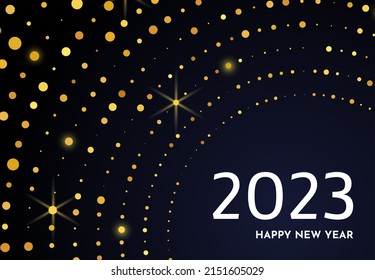 2023 Happy New Year of gold glitter pattern in circle form. Abstract gold glowing halftone dotted background for Christmas holiday greeting card on dark background. Vector illustration