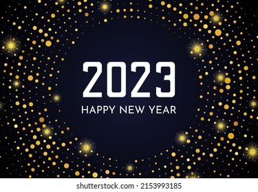 2023 Happy New Year of gold glitter pattern in circle form. Abstract gold glowing halftone dotted background for Christmas holiday greeting card on dark background. Vector illustration