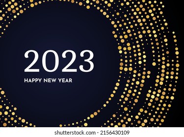 2023 Happy New Year of gold glitter pattern in circle form. Abstract gold glowing halftone dotted background for Christmas holiday greeting card on dark background. Vector illustration
