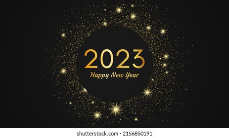 2023 Happy New Year gold background. Abstract backdrop with a gold inscription on dark for Christmas holiday greeting card, flyers or posters. Vector illustration