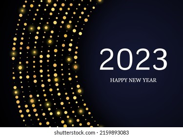 2023 Happy New Year of gold glitter pattern in circle form. Abstract gold glowing halftone dotted background for Christmas holiday greeting card on dark background. Vector illustration