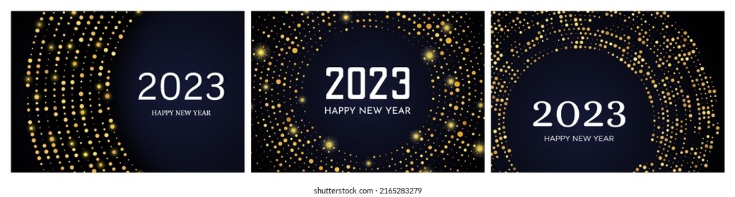 2023 Happy New Year of gold glitter pattern in circle form. Set of three abstract gold glowing halftone dotted backgrounds for Christmas holiday greeting card on dark background. Vector illustration