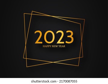 2023 Happy New Year gold geometric polygonal background. Gold geometric polygonal frame with shining effects for Christmas holiday greeting card, flyers or posters. Vector illustration
