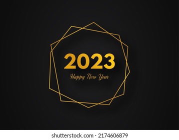 2023 Happy New Year gold geometric polygonal background. Gold geometric polygonal frame with shining effects for Christmas holiday greeting card, flyers or posters. Vector illustration