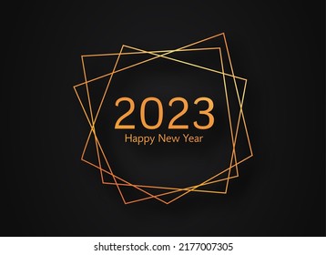 2023 Happy New Year gold geometric polygonal background. Gold geometric polygonal frame with shining effects for Christmas holiday greeting card, flyers or posters. Vector illustration