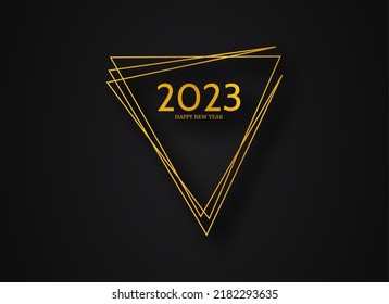 2023 Happy New Year gold geometric polygonal background. Gold geometric polygonal frame with shining effects for Christmas holiday greeting card, flyers or posters. Vector illustration