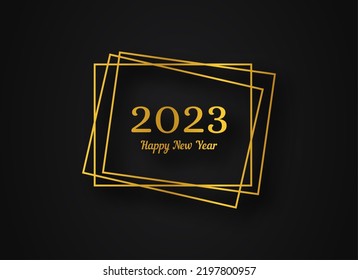 2023 Happy New Year gold geometric polygonal background. Gold geometric polygonal frame with shining effects for Christmas holiday greeting card, flyers or posters. Vector illustration