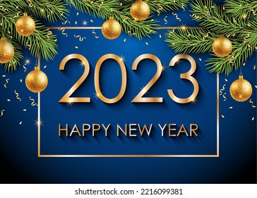 2023 Happy New Year gold text on blue background. Winter background. Christmas tree, christmas balls.