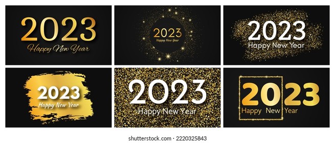 2023 Happy New Year gold background. Set of abstract gold backdrops with a inscription Happy New Year on dark for Christmas holiday greeting card, flyers or posters. Vector illustration