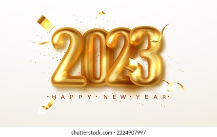 2023 Happy new year. Gold 3d Realistic metallic numbers date 2023 of greeting card. Happy New Year Banner with 2023 numbers on Bright Background.