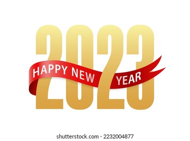 2023 Happy New Year Gold text 3d logo with red ribbon. Design template Celebration typography poster, banner or greeting card for Merry Christmas and happy new year. Vector Illustration