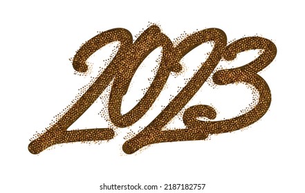 2023 Happy New Year. Golden text with gold glitter texture. Handwritten calligraphic print. Vector.