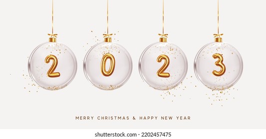 2023 Happy New Year. Golden metal number in glass Christmas balls hang on ribbon. Realistic 3d render metallic sign. Celebrate party 2023. Xmas Poster, web banner, header website. vector illustration