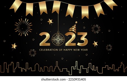 2023 Happy new year golden background design illustration,new years holiday celebration in december,ribbon flag,gold design