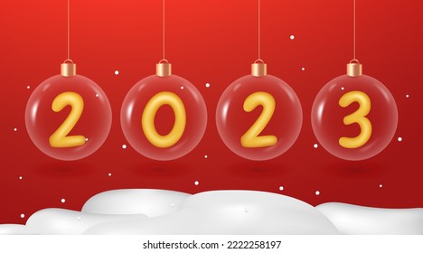 2023 Happy New Year, Golden number in realistic 3d vector Christmas glass ball hanging on ribbon, perfect for Christmas Posters, web banners and etc