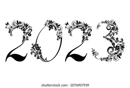 2023 Happy New Year greeting card. Celebration background with black flower and place for your text.  Background for your Seasonal Flyers and Greeting Card or Christmas themed invitations Illustration