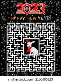 2023 Happy New Year greeting card. Celebration  background with white rabbit  and place for your text.  Maze.  2023 Chinese New Year of the rabbit. Invitation card or flyer. Vector illustration