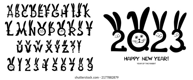 2023 Happy New Year!  Greeting card. Decorative bunny Font. Animal abc alphabet. Cute cartoon set. Funny comic font in simple hand drawn cartoon style. Flat design Vector