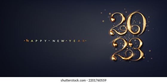 2023 Happy New Year greeting card and black background with a place for congratulations. Brochure design template, card, banner.