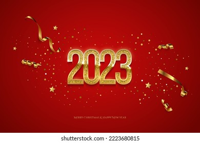 Plantilla vectorial de tarjeta de felicitación de Año Nuevo Feliz 2023. Festividad navideña horizontal diseño de pancartas en medios sociales con felicitaciones. Números dorados con ilustración realista confetti sobre fondo rojo