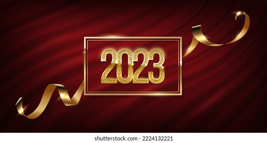 2023 Happy New Year greeting card vector template. Festive Christmas social media banner design with congratulations. Golden numbers in frame with confetti realistic illustration on red curtain