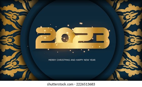 2023 happy new year greeting background. Blue and gold color.