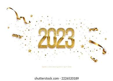 Plantilla vectorial de tarjeta de felicitación de Año Nuevo Feliz 2023. Festividad navideña horizontal diseño de pancartas en medios sociales con felicitaciones. Números dorados con ilustración realista confetti sobre fondo blanco