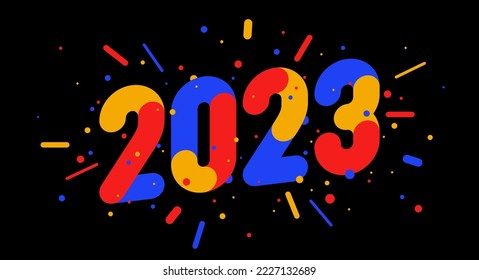 2023. Happy New Year. Greeting card, banner, poster with inscription 2023. Geometric bright style for happy new year 2023. Background, happy new year symbol for web, print. Vector Illustration