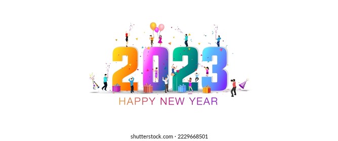 2023 Happy new year greeting card design. Group of student, youngster dancing, cheering and celebrating Newyear winter holiday background.