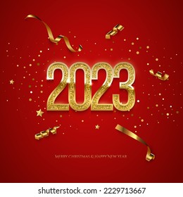 Plantilla vectorial de tarjeta de felicitación de Año Nuevo Feliz 2023. Diseño de pancartas en los medios sociales de la plaza navideña con felicitaciones. Números dorados con ilustración realista confetti sobre fondo rojo