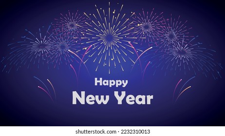 2023 happy new year greeting card with colorful fireworks background