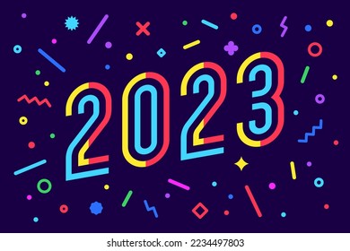 2023, Happy New Year. Greeting card with 2023 for Happy New Year holiday. Geometric bright style for Happy New Year or Merry Christmas. Holiday background, banner, poster. Vector Illustration