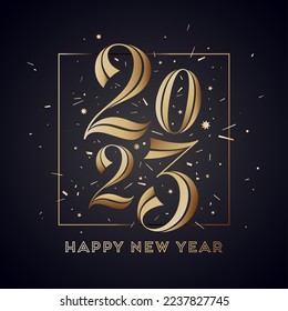 2023, Happy New Year. Greeting card with 2023 for golden Happy New Year holiday. Golden glossy bright style for Happy New Year or Merry Christmas. Holiday gold background, banner. Vector Illustration