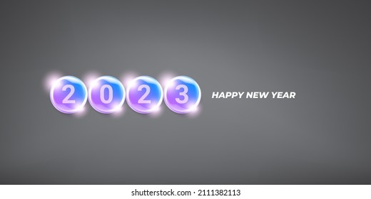 2023 Happy new year horizontal banner background and 2023 greeting card with text. vector 2023 new year sticker, label, icon, logo and badge isolated on stylish grey background