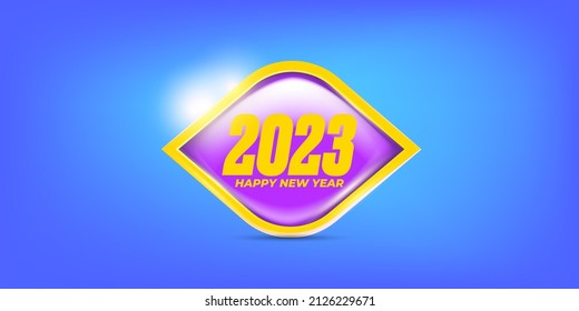 2023 Happy new year horizontal banner background and 2023 greeting card with text. vector 2023 new year sticker, label, icon, logo and badge isolated on winter stylish blue background